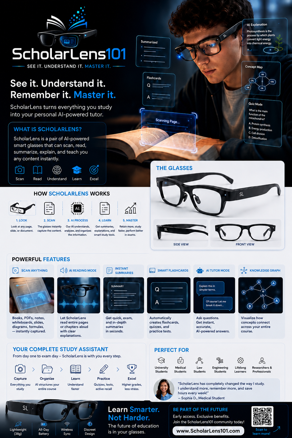ScholarLens101 AI learning glasses product flyer